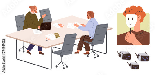 Two men seated at a desk in conversation, books, and documents spread a person holding a mask reveals true emotions small robotic heads showing various faces. Ideal for technology, psychology