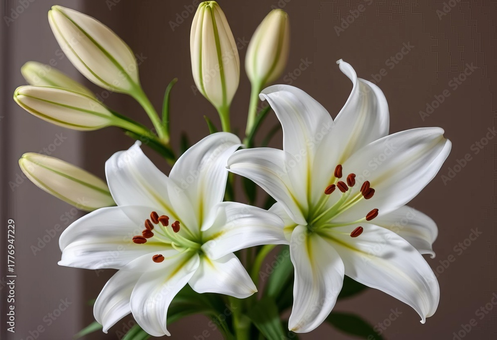 Fototapeta premium Elegant white lilies arranged in a classic bouquet, macro, wedding