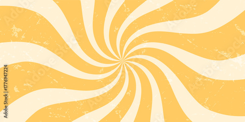 Groovy retro swirl with orange yellow sun burst. Grunge graphic background uses ray and sunshine as y2k abstract motif. Horizontal layout adds vintage pop color accent, ideal for trendy wallpaper or