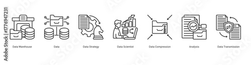 Advanced Data Intelligence outline banner web icon set vector illustration concept with icon of data warehouse, data, strategy, scientist, compression, analysis, transmission