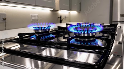 Blue flame gas stove burner kitchen appliance, modern stainless steel cooktop with two blue flames, energy efficient, safe home cooking