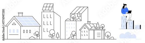 Urban buildings featuring solar panels, green roofs, and trees promoting sustainability. A person works remotely on a laptop atop a skyscraper. Ideal for sustainability, clean energy, remote work