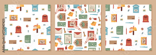 Seamless flat mail pattern set. Envelope, letter, stamp, postbox, mailbox, and delivery scene. Pattern with post and set detail, mail background, postal flat style, correspondence design element.