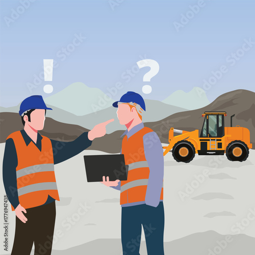 Two construction engineers wearing safety helmets and reflective vests discussing a project at a construction site illustration