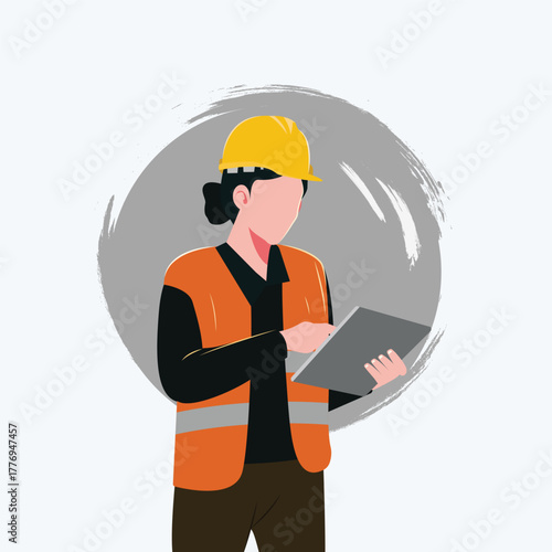 Illustration of a female engineer wearing a yellow safety helmet and orange reflective vest using a digital tablet