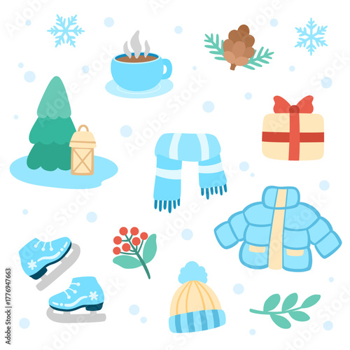 Winter elements set with snowflakes, hot chocolate drink, acorn and pine needles, pine tree and lantern, winter scarf, gift, puffer jacket, ice skates shoes, winterberry, beanie, leaves