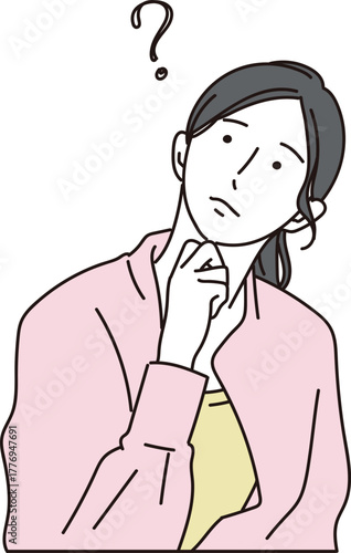 上を見て考えるポーズの女性のイラスト素材