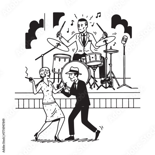 Vintage Jazz Band Drummer and Swing Dancing Couple.