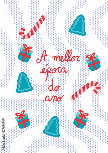 Delicious candy canes, gifts, and a Christmas tree on a cool card celebrating the best time of the year.