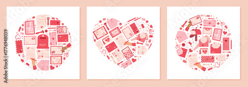 Heart mail love card in flat cartoon graphic style. Envelope with post, greeting and message in a unique shape concept. Playful valentine symbol, stationery background, romantic mail holiday.