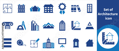 Set of architectural icons, architecture, building, construction, blueprint, design, structure, urban, city, engineer, architect, landmark, house, home, real estate, modern and more