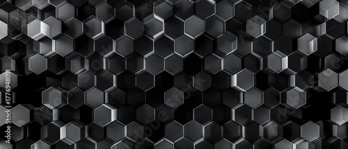 Fototapeta Naklejka Na Ścianę i Meble -  3d render of geometric tech pattern or dark abstract hexagon background. Smooth black honeycomb shapes for dark shadowy backgrounds.