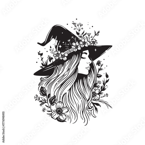 witch in flower hat silhouette vector illustration 