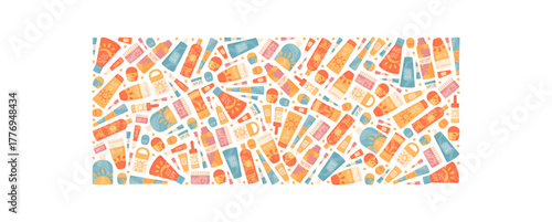 Flat set of sunscreen bottle, tube, sunblock, cream, SPF and lotion forms banner design. Sun protection product, packaging concept with container. Cosmetic care for summer and skin.