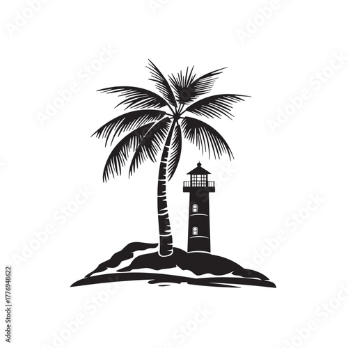 lighthouse and palm tree silhouette vector illustration 