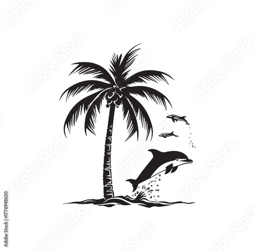 Palm tree with dolphins silhouette vector illustration 
