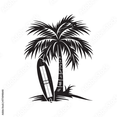 palm tree with surfboard silhouette vector illustration 