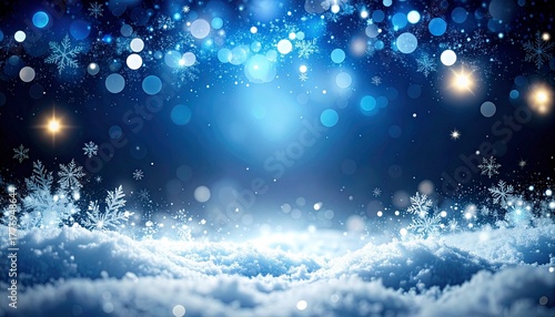 Blue Winter Snowflakes and Bokeh Lights Background　青い光と雪の結晶と積もった雪　幻想的な冬の夜の背景　デジタルイラスト