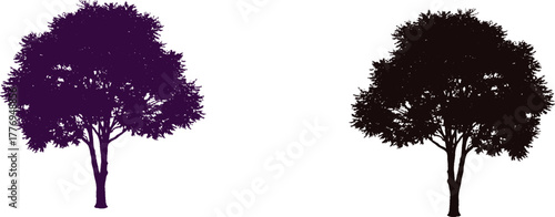 set of black silhouettes of trees. The image features two trees set against a clean white background, creating a striking visual contrast. The tree on the left is depicted in a dark purple hue, which 