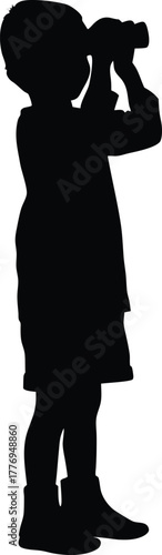 Silhouette of Young Boy Looking Through Binoculars Vector Illustration