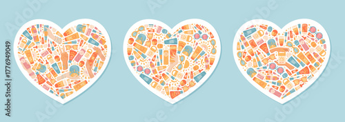 Flat heart shape set with sunscreen sticker, sunblock and spf lotion bottle and cream tube container sticker. Banner design concept shows cosmetic product collection sun care set for summer.
