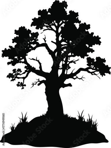 Tree Silhouette on Hill Vector, Black Leafy Tree with Grass and Ground for Nature and Landscape Artwork
