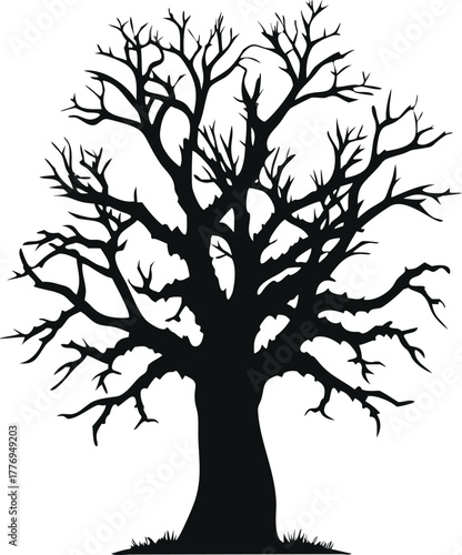 Twisted Bare Tree Silhouette with Branches, Gothic Vector Art