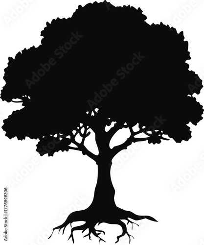 Tree with Visible Roots Silhouette, Vector Illustration for Nature, Growth, and Environmental Concepts