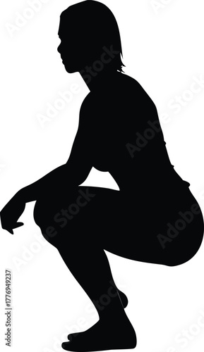 Vector Silhouette of Woman in Side Squatting Pose, Minimalist Female Profile Illustration