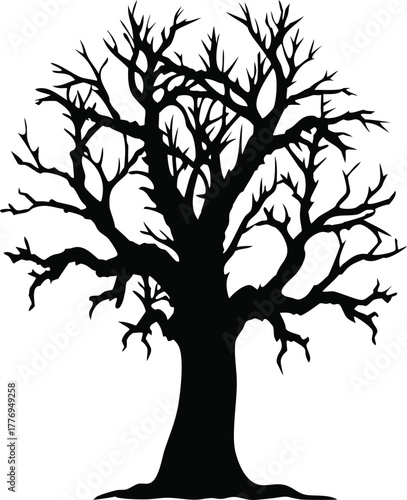 Twisted Bare Tree Silhouette with Branches, Gothic, Leafless Vector Art