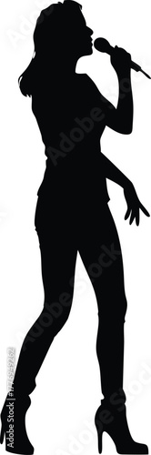 Stylish Female Singer Silhouette with Microphone, Vector Illustration for Music and Performance Themes