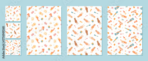 Flat seamless pattern with sunscreen bottle and tube shapes, cream, stick and spray elements. Summer packaging spf sun lotion combine as protection product. Two hands hold cosmetic for sun skin care.