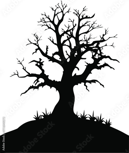 Spooky Bare Tree Silhouette Vector, Isolated Dead Tree Illustration for Halloween or Nature Concepts