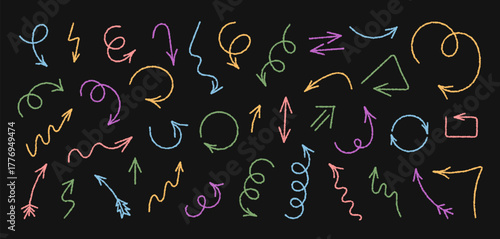 Wavy crayon arrow icon collection sketch set. Swirl and pointer set with chalk and zigzag element design, each symbol forms a colorful playful collection. Unique artistic set for creative
