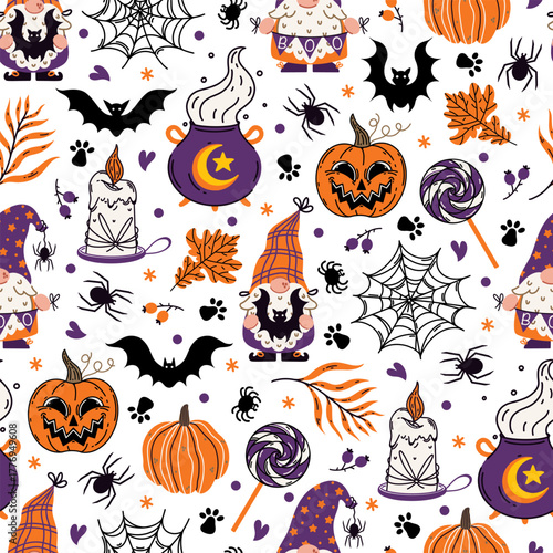 Halloween seamless vector pattern. A gnome wizard holds a bat, a creepy garland. A pumpkin with a scary face, a candle, a spider with a web, festive treats. Cartoon ornament for holiday, autumn party