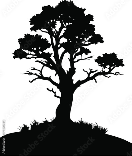 Tree Silhouette with Leaves on Hill, Nature Landscape Vector Illustration for Forest and Seasonal Designs