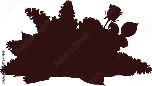 The image presents a striking silhouette of a floral arrangement, characterized by its dark brown, nearly black hue set against a clean white background. 