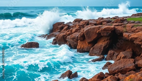 Fototapeta Naklejka Na Ścianę i Meble -  Powerful ocean waves crashing on a rocky shore during a storm,  wave group,  natural