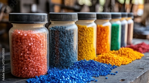 Colorful Plastic Pellets in Jars for Industrial Use