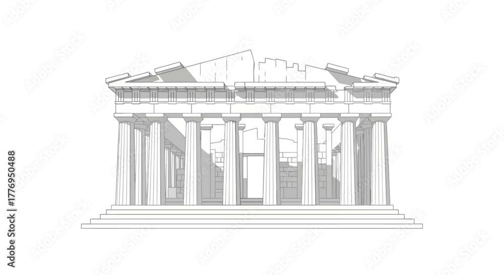 Obraz premium Line drawing of the Parthenon showing its columns steps and architectural details with some damage visible