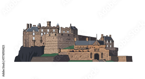 Edinburgh Castle illustration stone structure atop a rocky hill detailed architecture