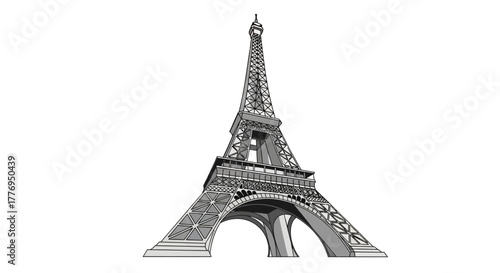 Grayscale Eiffel Tower image with distinct framework and arched base on a white background