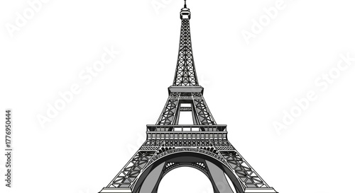 Eiffel Tower depicted in grayscale showcases latticework and arches against a white backdrop