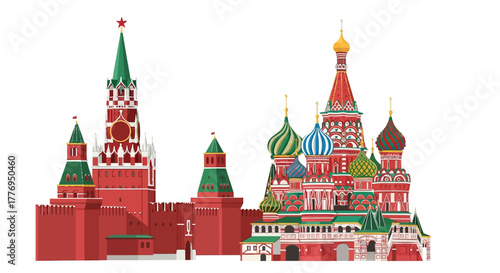 Illustration of Moscows Red Square landmarks Kremlin and St Basils Cathedral