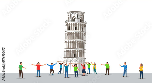 Leaning Tower of Pisa surrounded by people in various poses on a gray surface