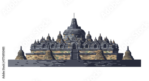 Intricate stone structure with multilevel architecture and smaller stupas surrounding a larger central dome