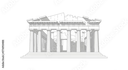 Line drawing of the Parthenon showing its columns steps and architectural details with some damage visible
