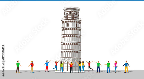 Leaning Tower of Pisa with people striking poses in front of it