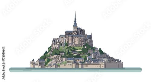 The iconic Mont SaintMichel in France a tidal island with a medieval abbey rendered in a flat illustrative style