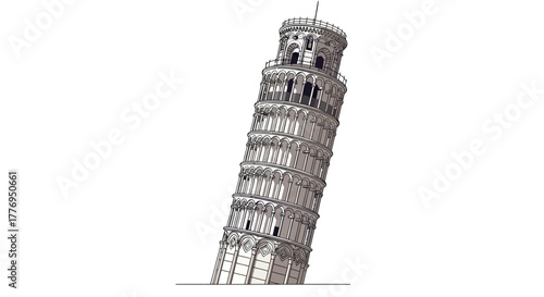 The Leaning Tower of Pisa stands on a white background tilted to the right